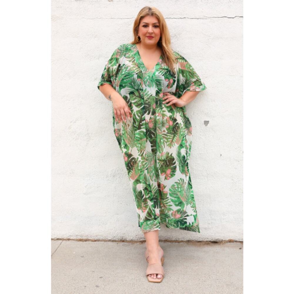 SANTE GRACE VETEMENTS Green Pink Tropical Sheer Mesh Knit Oversized Kaftan